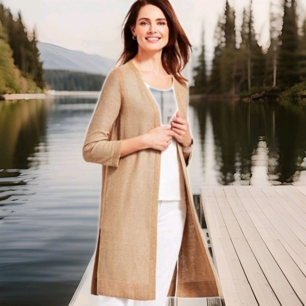 Talbots Textured Linen Roll-Tab Long Duster - Metallic Size M Medium Fall Academ
